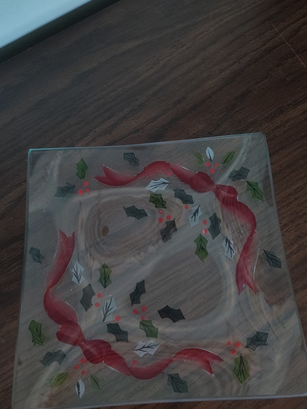 Hand-Painted Holiday Glass Serving Plate with Red Ribbon and Holly